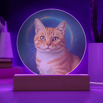 Rainbow halo pet portrait LED acrylic circle plaque with custom cat illustration glowing on wooden base