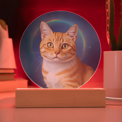Rainbow halo pet portrait LED acrylic circle plaque with custom cat illustration glowing on wooden base