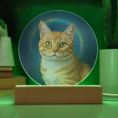 Rainbow halo pet portrait LED acrylic circle plaque with custom cat illustration glowing on wooden base