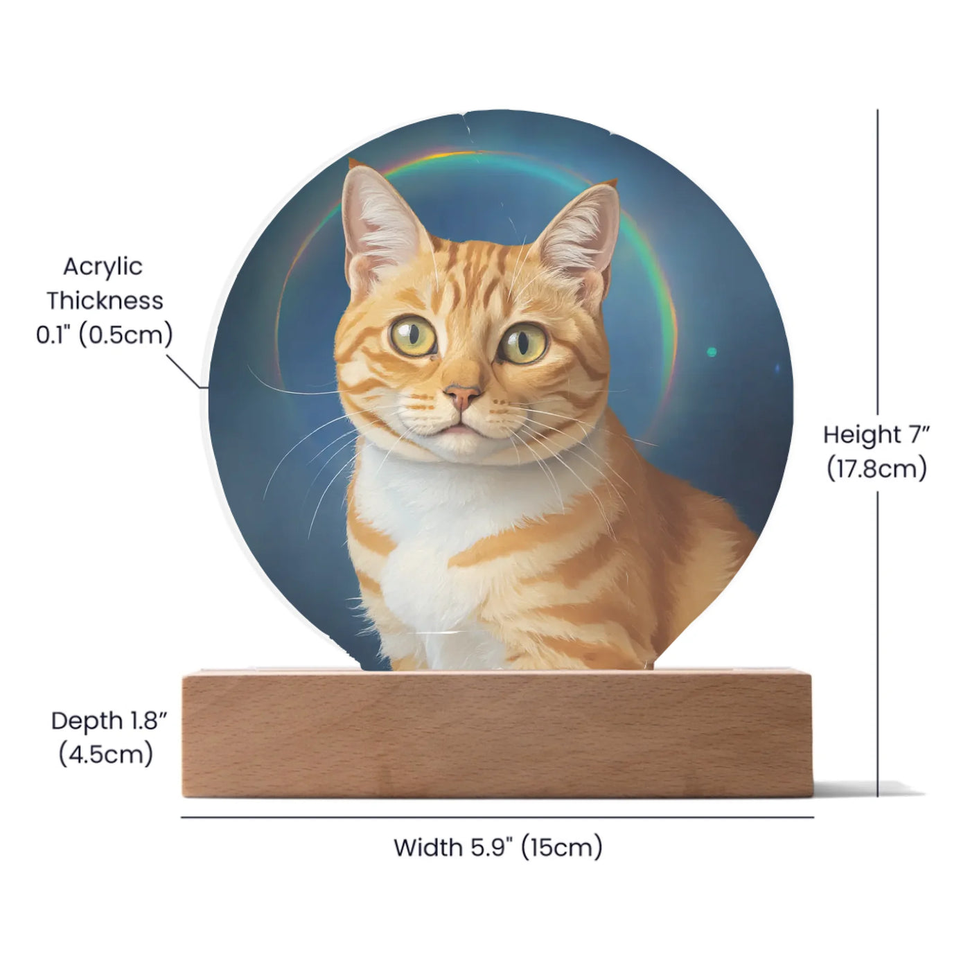 Personalized painted-style pet memorial acrylic plaque with soft rainbow arc and LED lighting