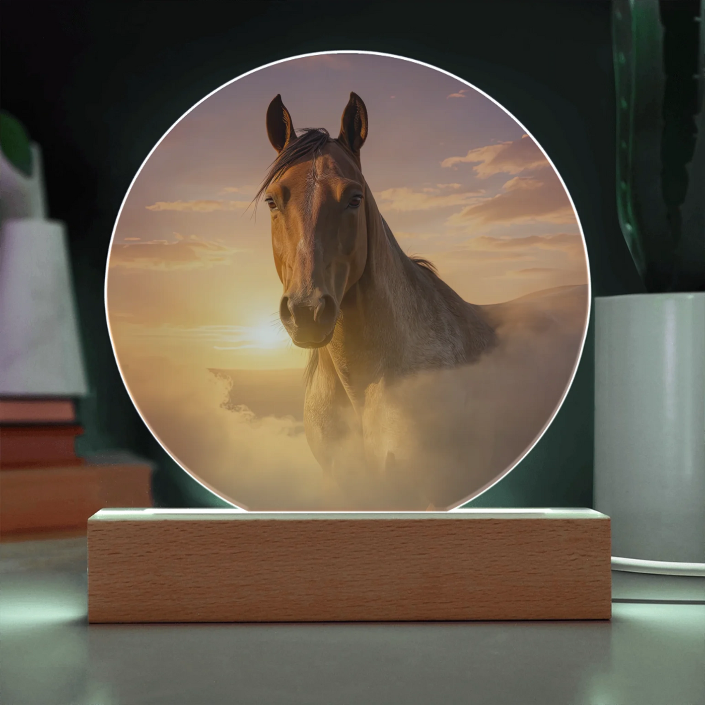 Close-up of warm horizon-style animal portrait printed on clear acrylic memorial plaque