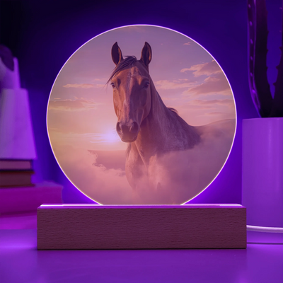 Horizon Glow horse portrait LED acrylic circle plaque with warm sunset light on wooden base