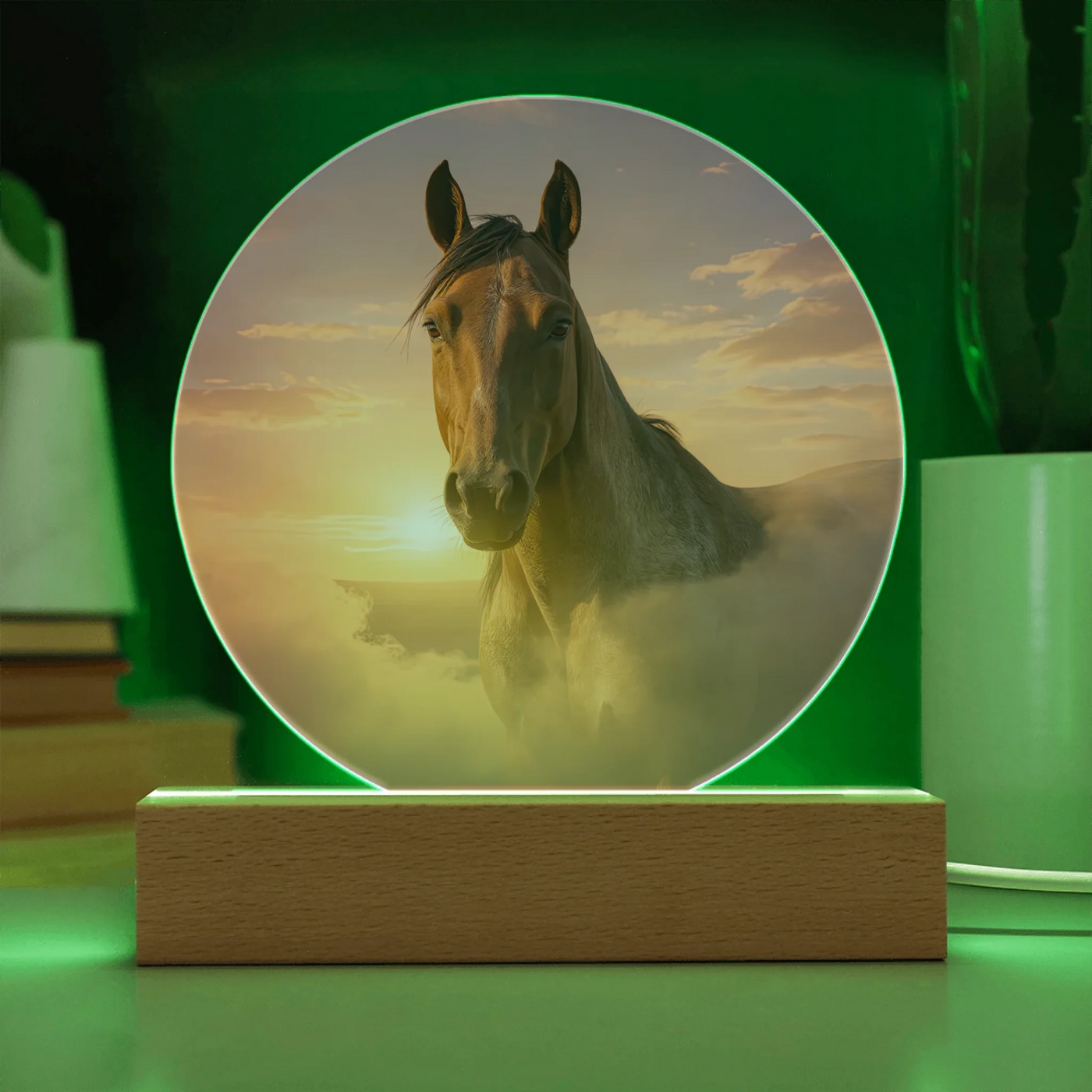 Horizon Glow horse portrait LED acrylic circle plaque with warm sunset light on wooden base