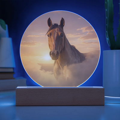 Horizon Glow horse portrait LED acrylic circle plaque with warm sunset light on wooden base