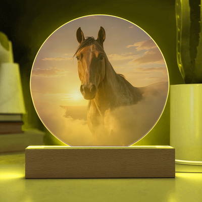 Horizon Glow horse portrait LED acrylic circle plaque with warm sunset light on wooden base