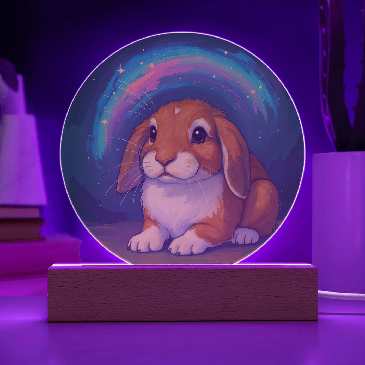 Starlit Brush bunny portrait LED acrylic circle plaque with painterly background on wooden base