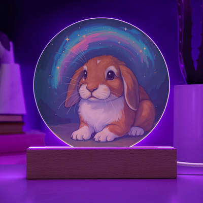Starlit Brush bunny portrait LED acrylic circle plaque with painterly background on wooden base