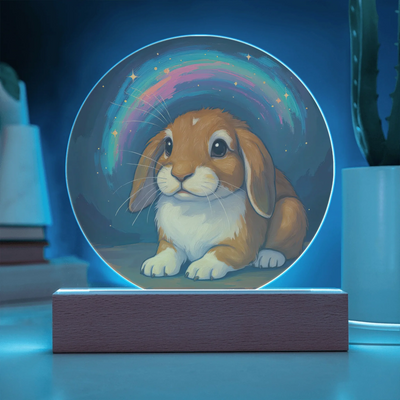 Personalized painterly pet portrait acrylic plaque with swirling starlit colors and LED base