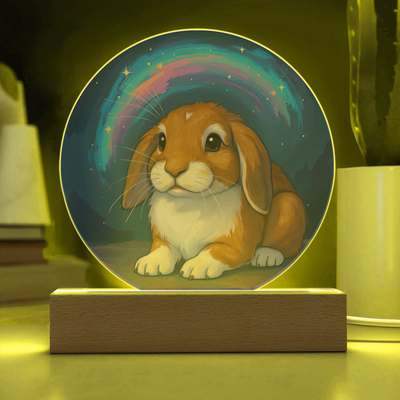 Starlit Brush bunny portrait LED acrylic circle plaque with painterly background on wooden base