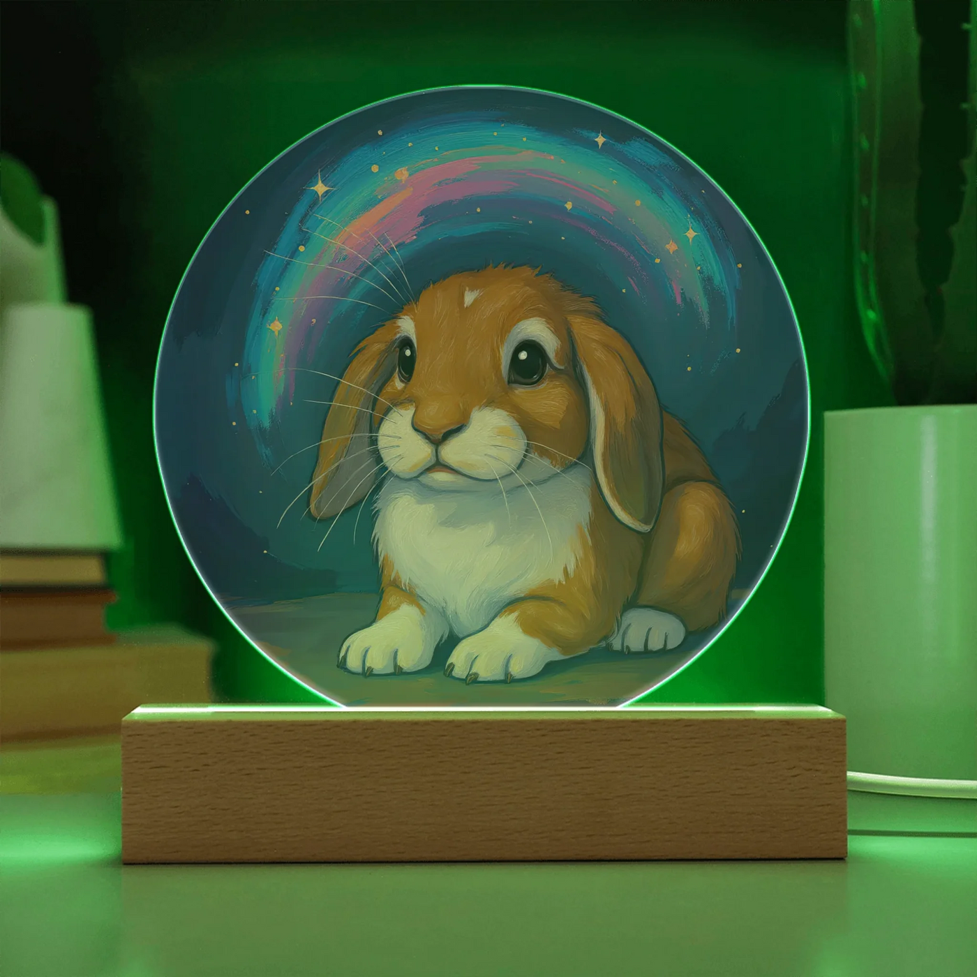 Starlit Brush bunny portrait LED acrylic circle plaque with painterly background on wooden base