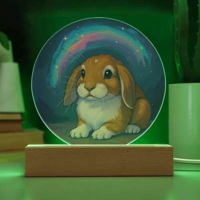 Starlit Brush bunny portrait LED acrylic circle plaque with painterly background on wooden base