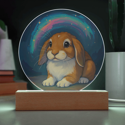Personalized painterly pet portrait acrylic plaque with swirling starlit colors and LED base