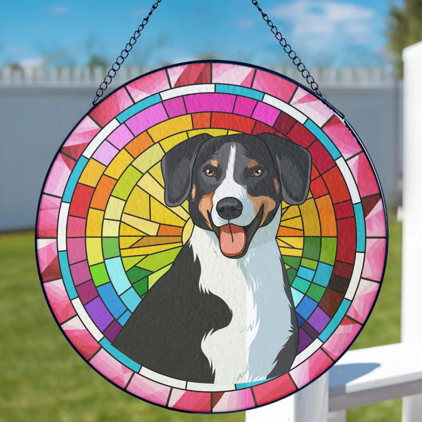 Stained glass suncatcher with a custom pet photo and vibrant, colorful design, ideal as a pet memorial or sympathy gift