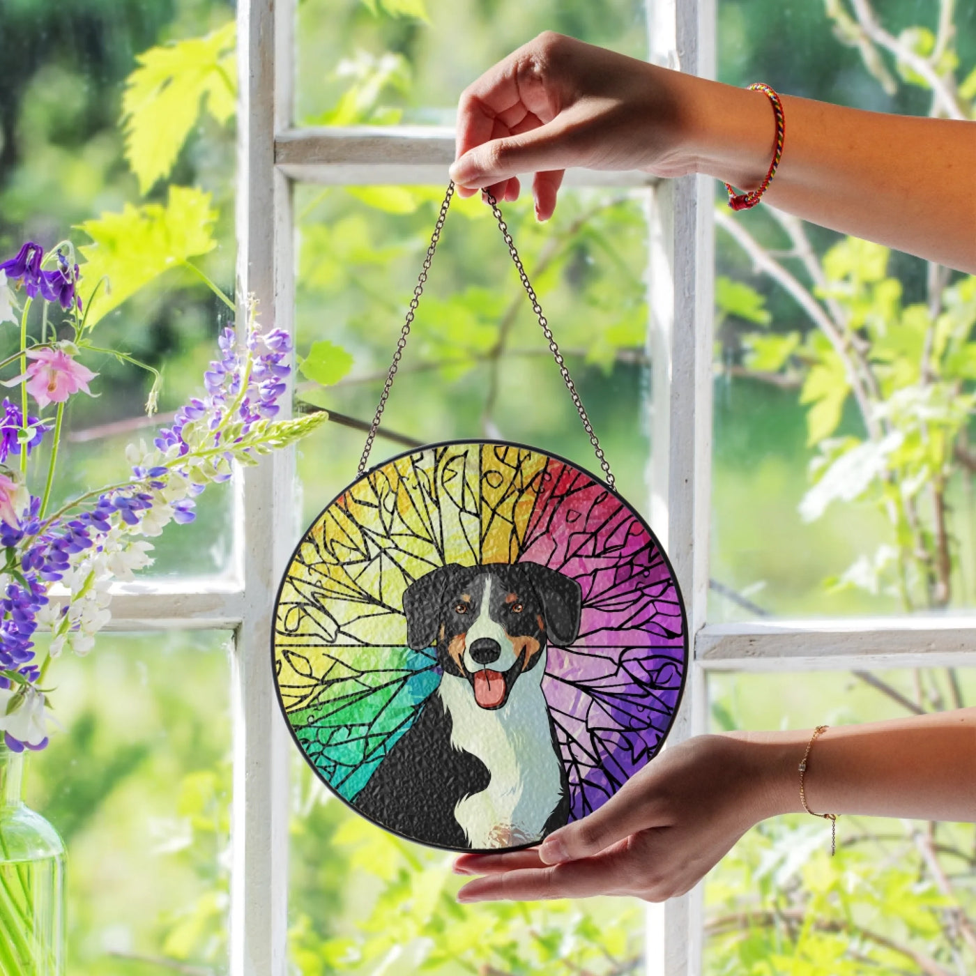 Stained glass suncatcher with a custom pet photo and vibrant, colorful design, ideal as a pet memorial or sympathy gift