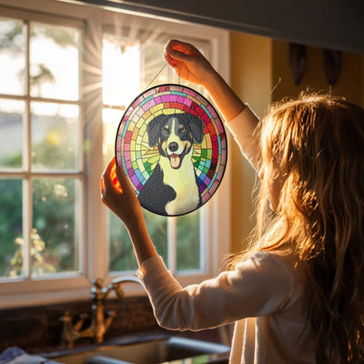 Stained glass suncatcher with a custom pet photo and vibrant, colorful design, ideal as a dog memorial or sympathy gift