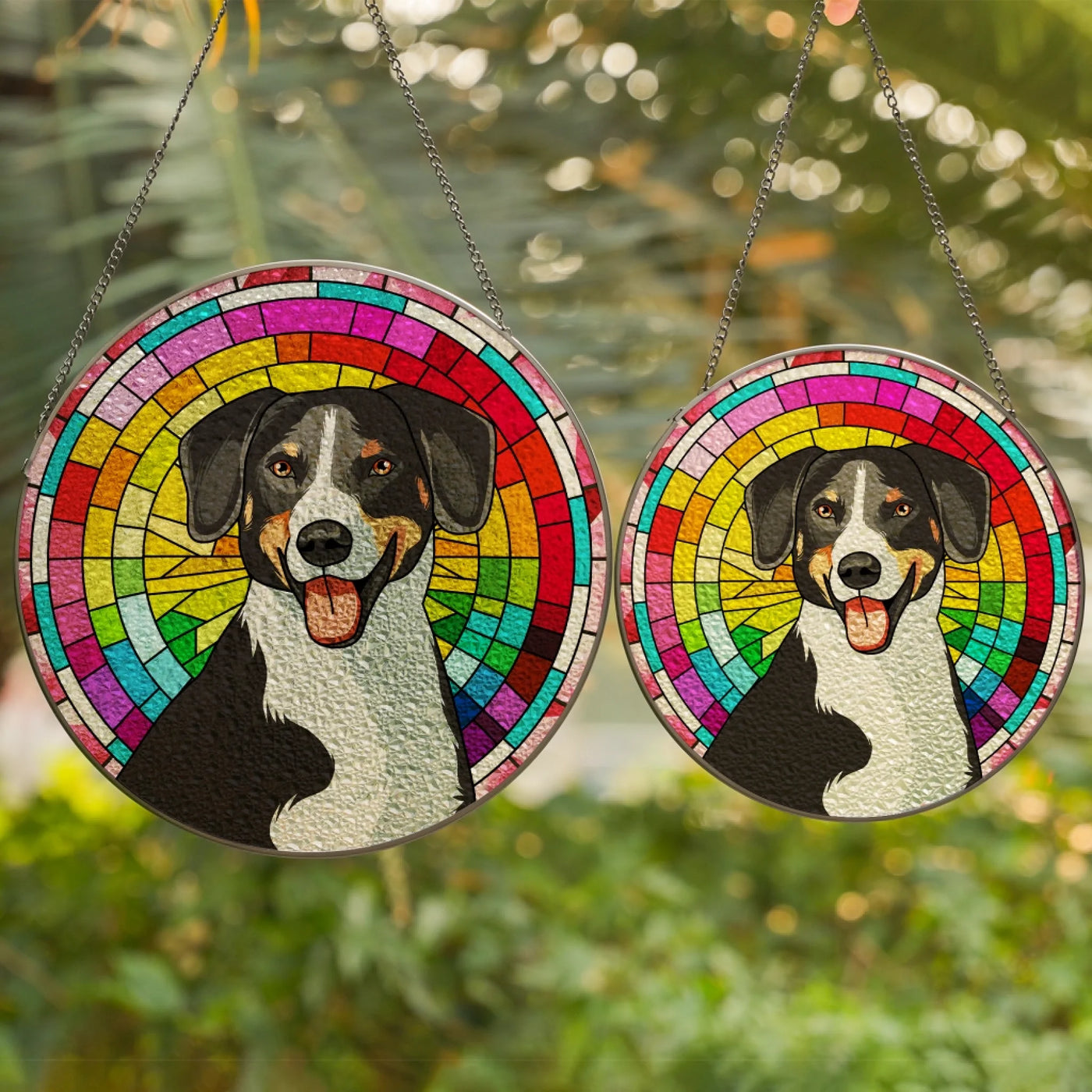 Stained glass suncatcher with a custom pet photo and vibrant, colorful design, ideal as a pet memorial or sympathy gift