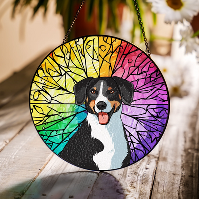 Stained glass suncatcher with a custom pet photo and vibrant, colorful design, ideal as a pet memorial or sympathy gift