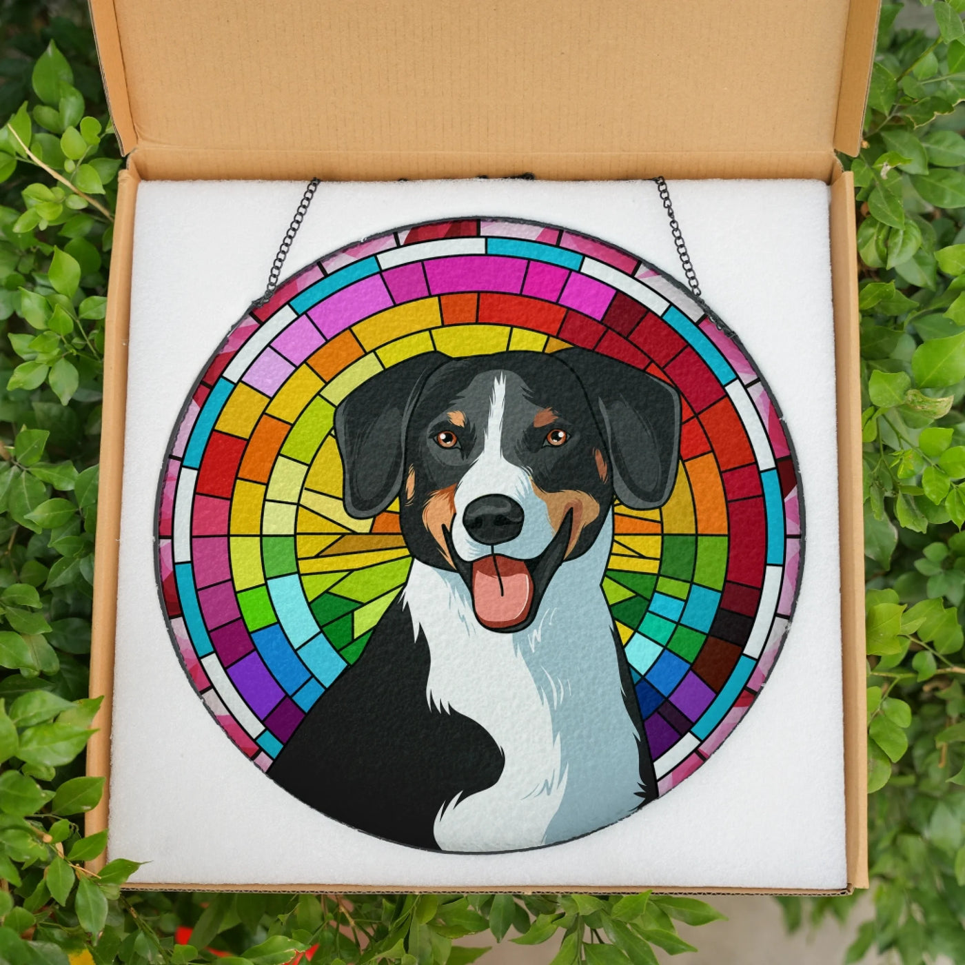 Stained glass suncatcher with a custom pet photo and vibrant, colorful design, ideal as a pet memorial or sympathy gift