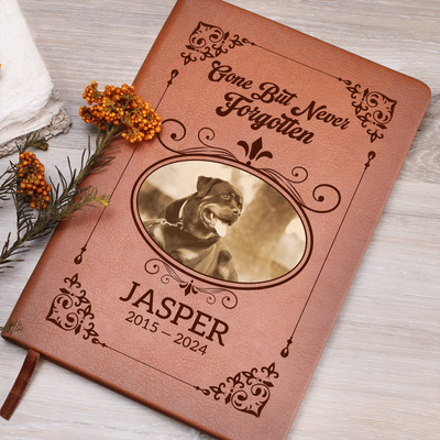 Personalized vegan-leather pet memorial journal with ‘Gone But Never Forgotten’ and custom photo, name, and years