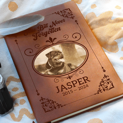 Personalized vegan-leather pet memorial journal with ‘Gone But Never Forgotten’ and custom photo, name, and years