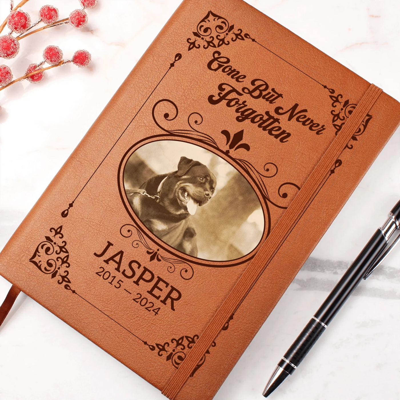 Personalized vegan-leather pet memorial journal with ‘Gone But Never Forgotten’ and custom photo, name, and years