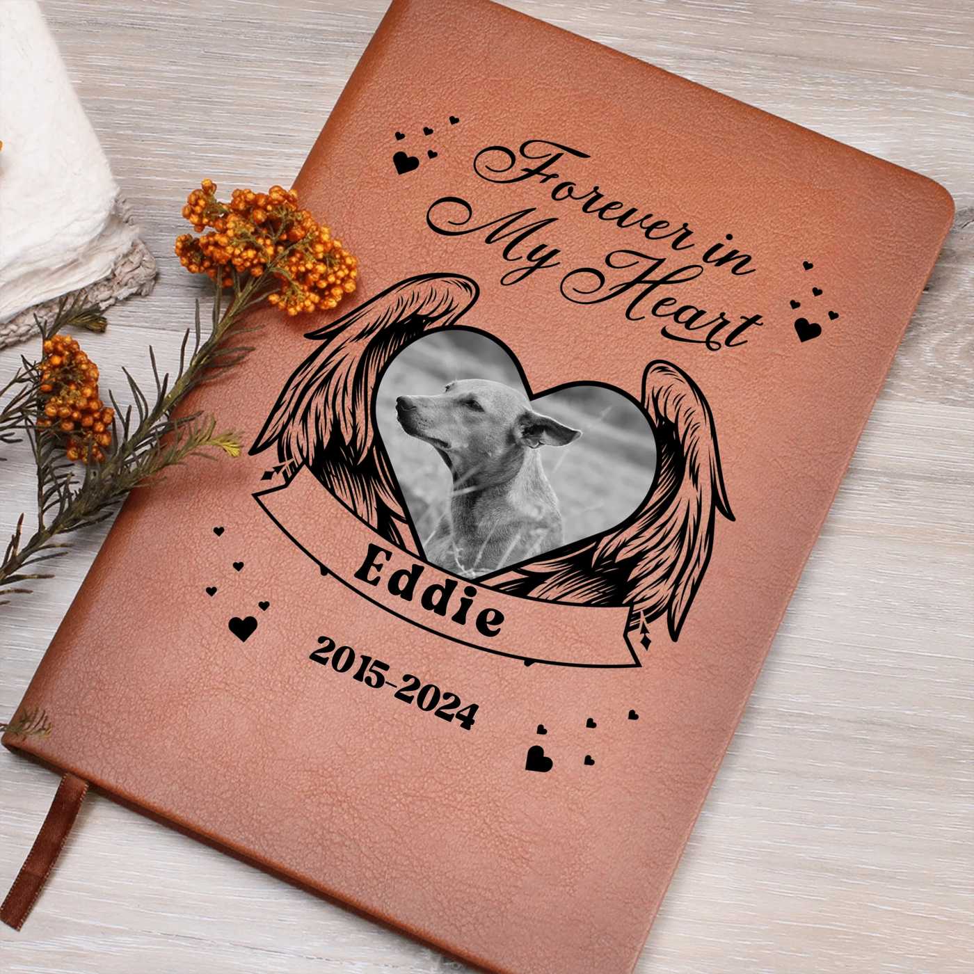 Personalized ‘Forever in My Heart’ vegan-leather pet memorial journal with wings, heart photo, name, and years