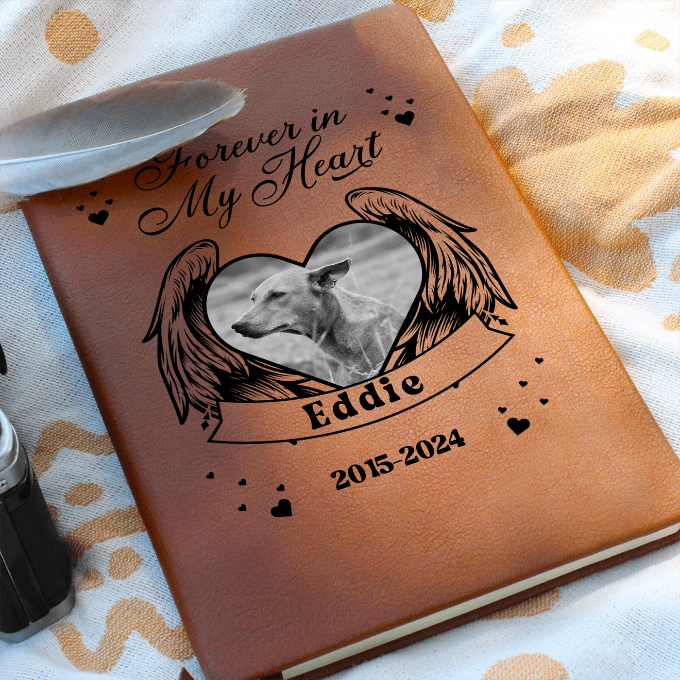 Personalized ‘Forever in My Heart’ vegan-leather pet memorial journal with wings, heart photo, name, and years