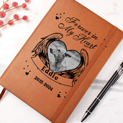 Personalized ‘Forever in My Heart’ vegan-leather pet memorial journal with wings, heart photo, name, and years