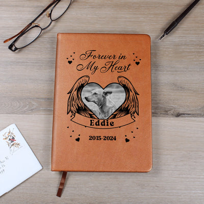 Flat lay: personalized  journal with gift tag — saddle vegan leather, custom name, date, and photo