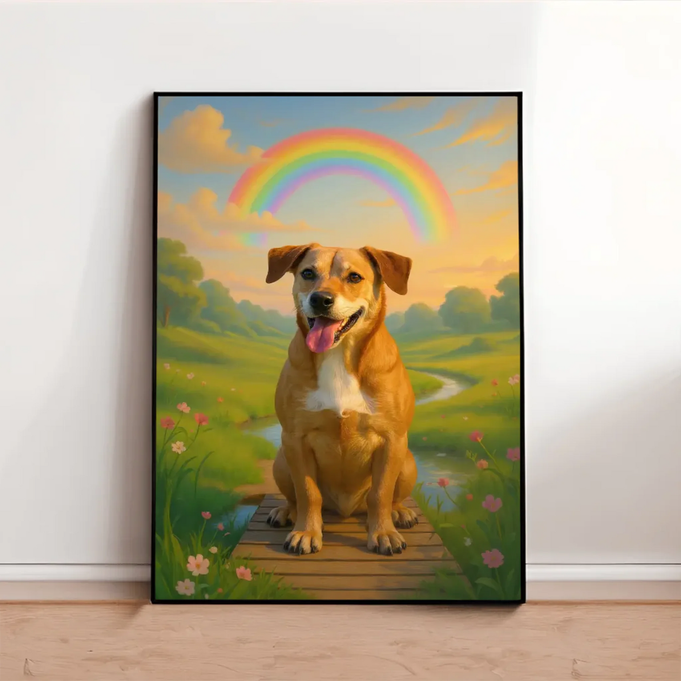 AI-generated Rainbow Bridge pet memorial framed poster with custom photo