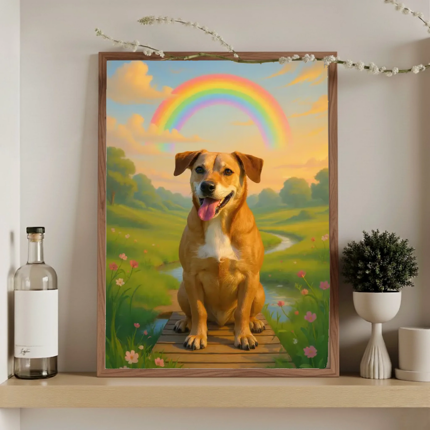 Personalized pet remembrance wall art - framed Rainbow Bridge tribute