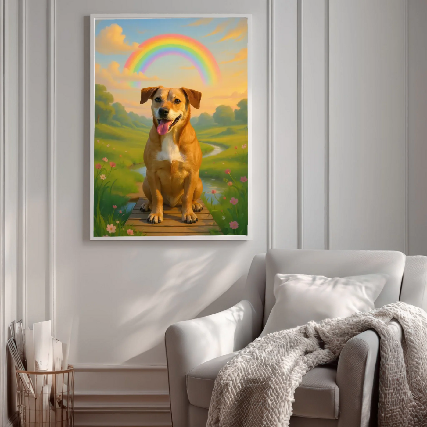 Framed pet loss gift - custom AI artwork with rainbow and pet photo