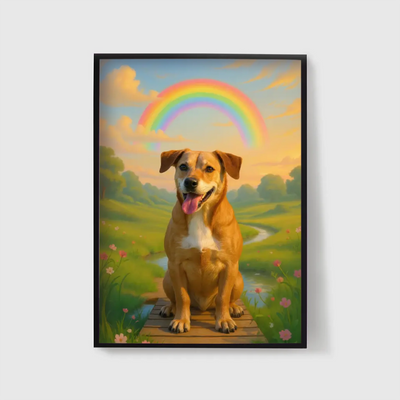 Framed pet loss gift - custom AI artwork with rainbow and pet photo