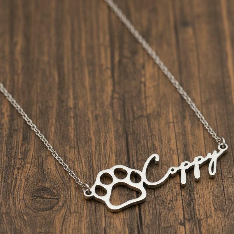 Silver necklace with paw print design and name on a wooden surface