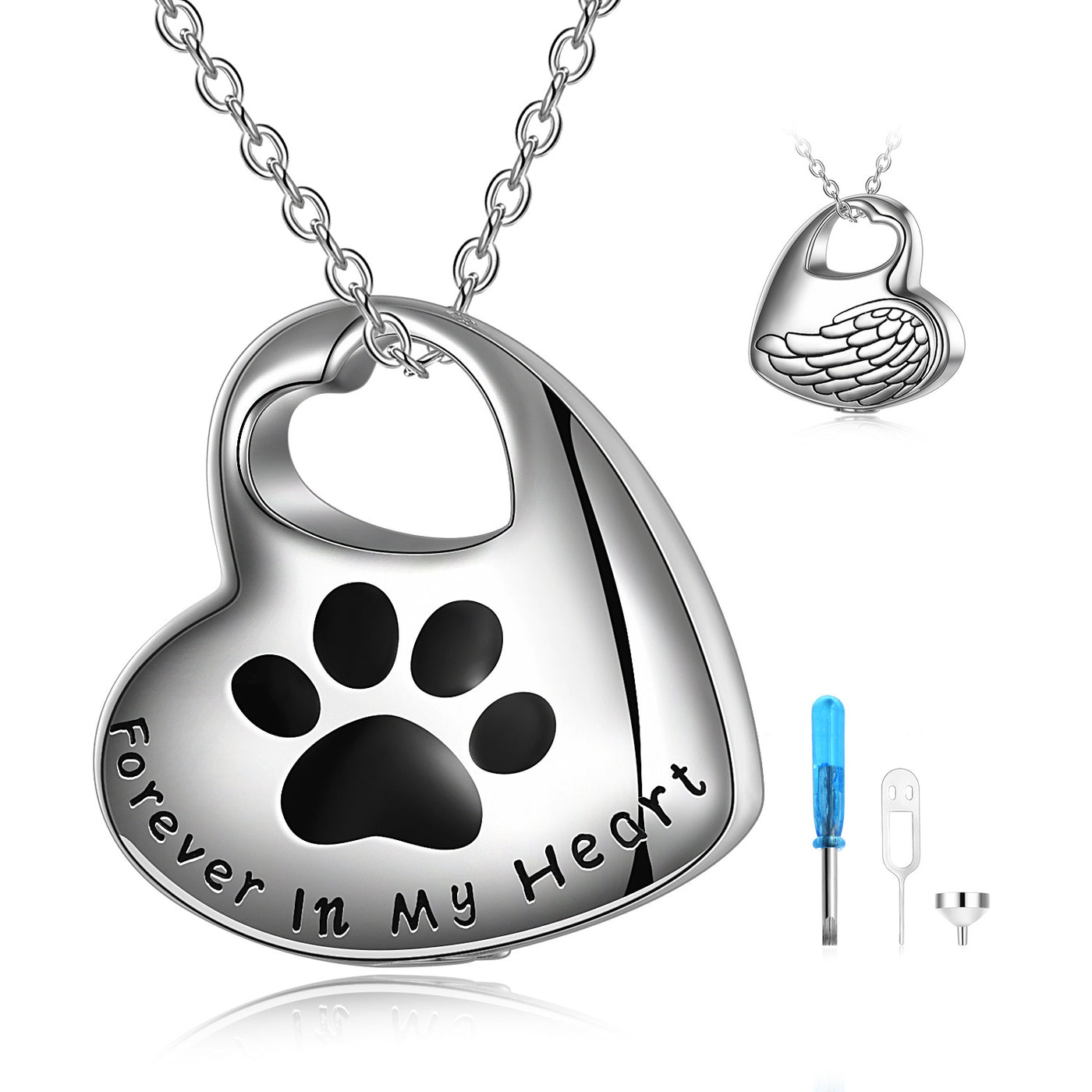 Silver heart-shaped pendant with paw print and 'Forever in My Heart' engraving on a white background.