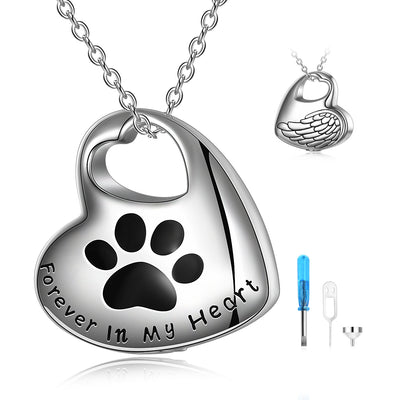 Silver heart-shaped pendant with paw print and 'Forever in My Heart' engraving on a white background.