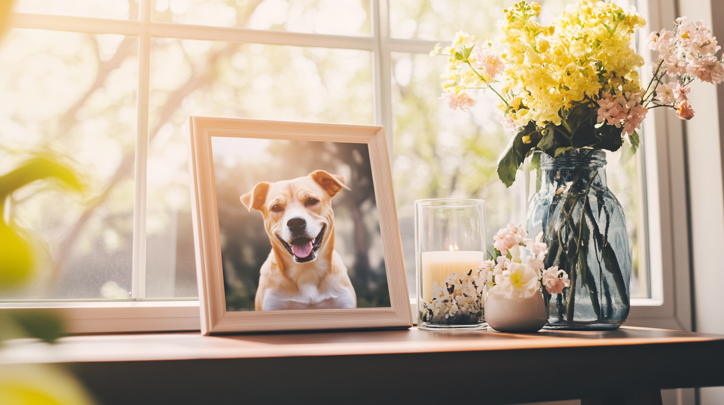 Framed photo of a smiling dog on a table surrounded by fresh flowers and a lit candle, creating a peaceful and heartfelt display