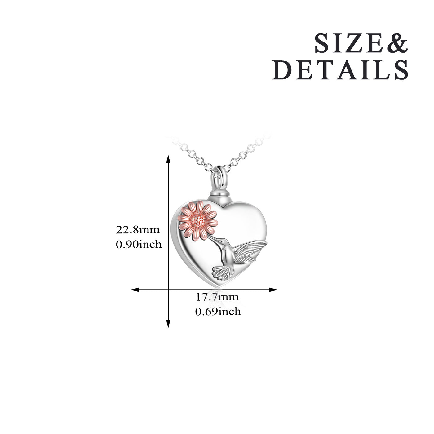 Heart-shaped pendant with a hummingbird and flower design, shown with size measurements on a white background.