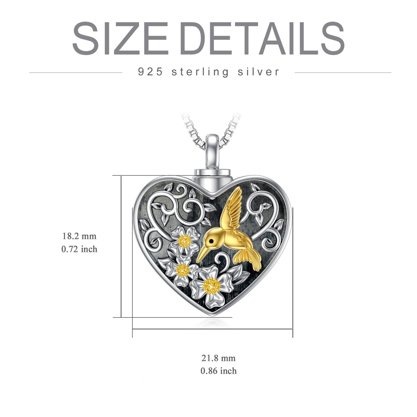 Heart-shaped pendant with a gold hummingbird design and measurements on a white background