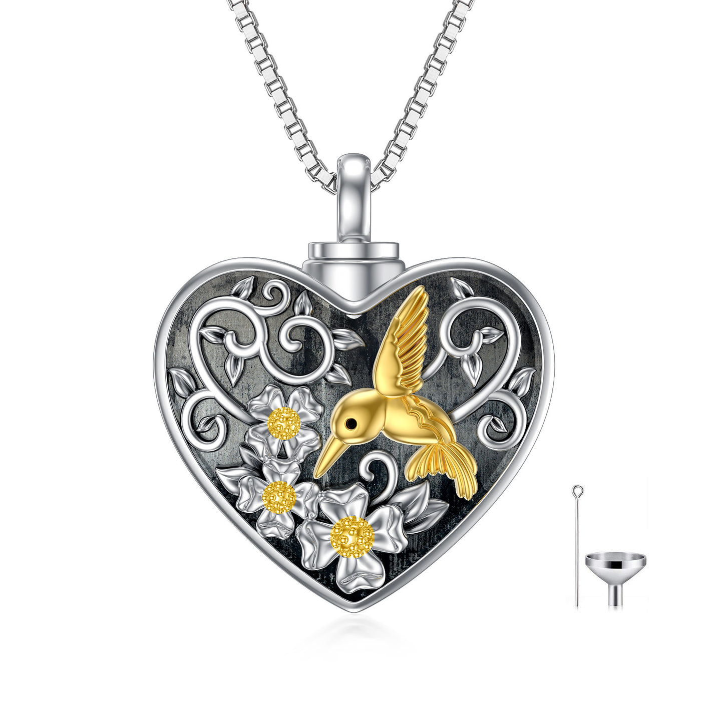 Hummingbird Heart Urn Necklace - Ashes Keepsake Pet Memorial Sterling Silver Cremation Jewelry