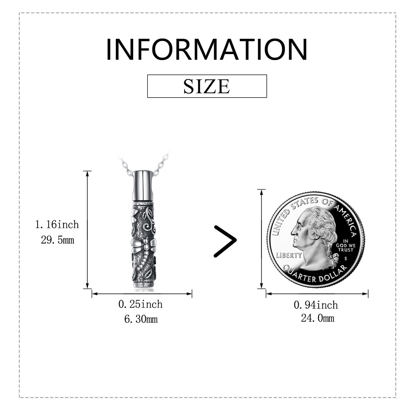 Measurement chart comparing a pendant to a quarter dollar coin on a white background