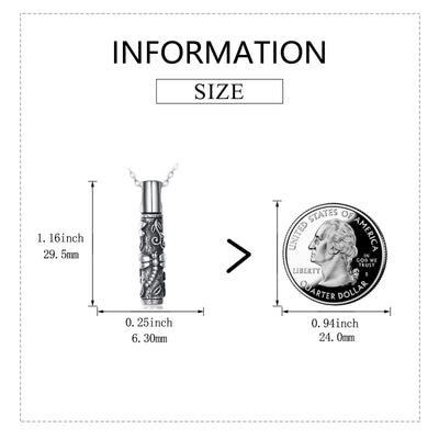 Measurement chart comparing a pendant to a quarter dollar coin on a white background