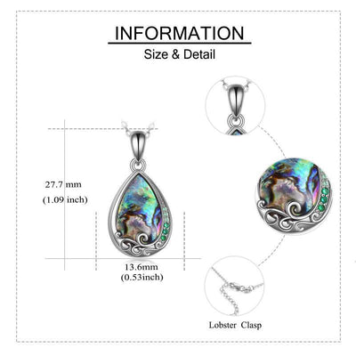 Jewelry pendant with abalone shell design and measurements on a white background