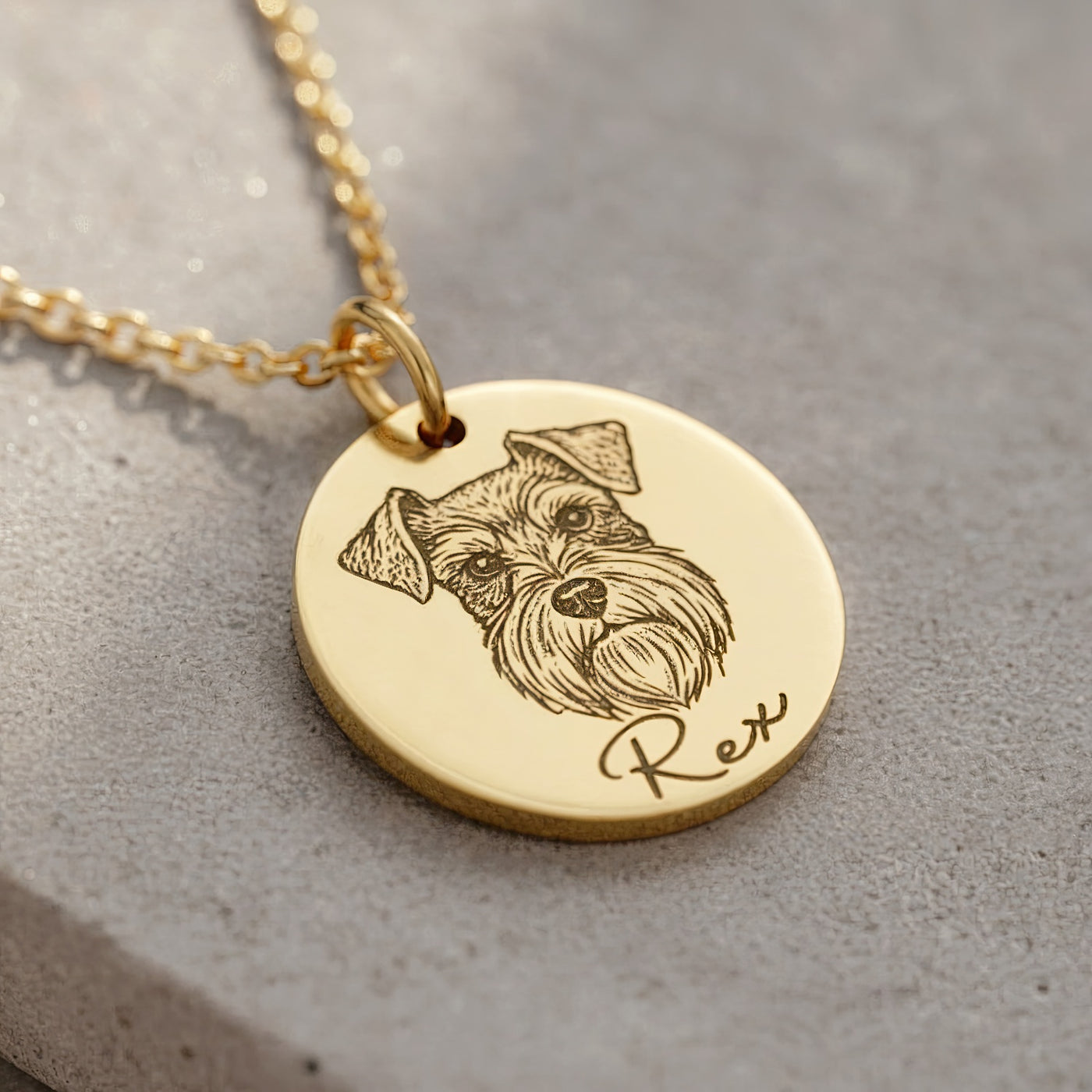 Gold necklace with a engraved dog pendant on a gray surface