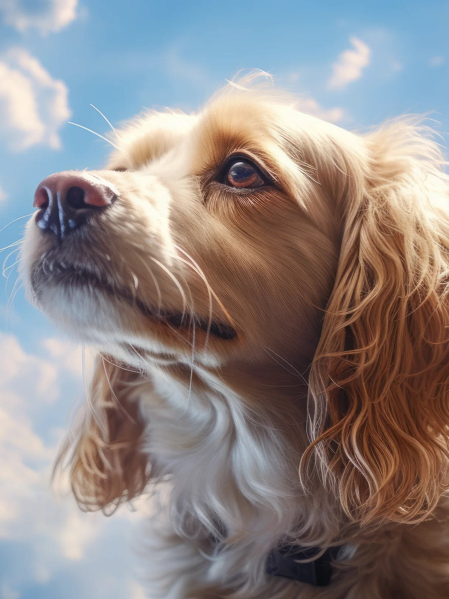 Memorial products for grieving pet parents, featuring a dog under a serene sky